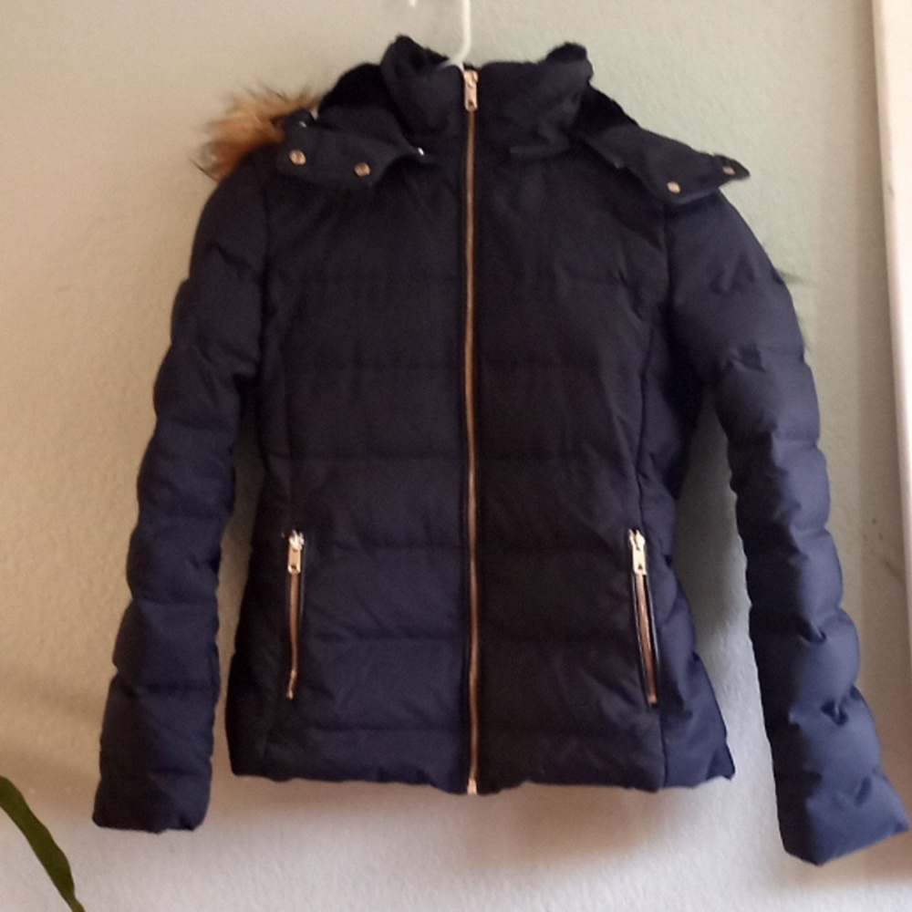 Zara Navy Puffer Jacket with Fur Trim